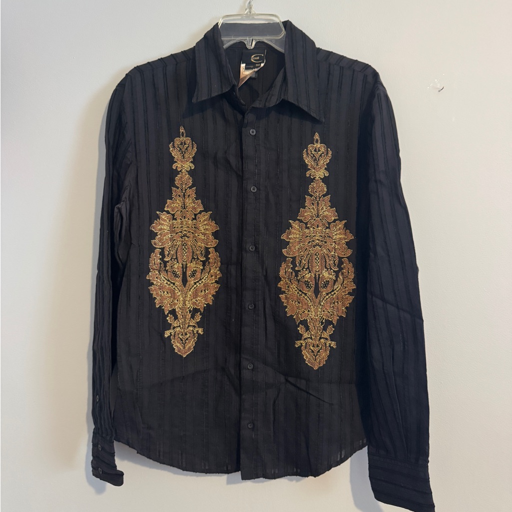 Just Cavalli Black Button Down Shirt With Gold Embroidery Size Medium